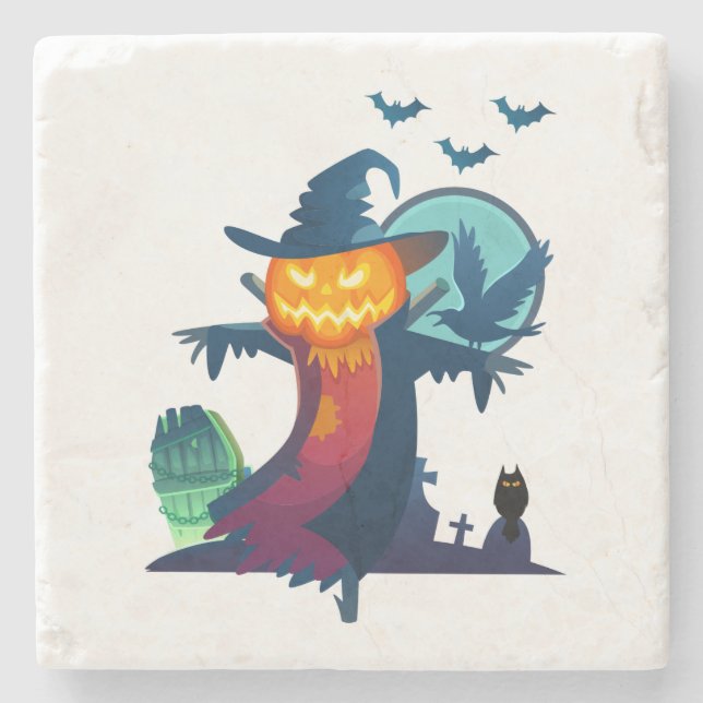 Halloween-bunden Fågelskrämma med Fladdermöss och  Stenunderlägg (Framsidan)