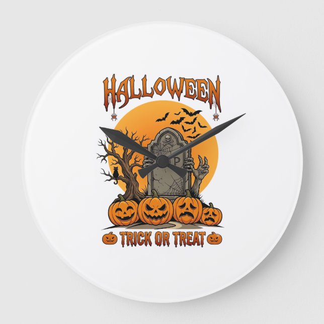 Halloween Bus eller Behandla Gravsten Zombiehänder Stor Klocka (Framsida)