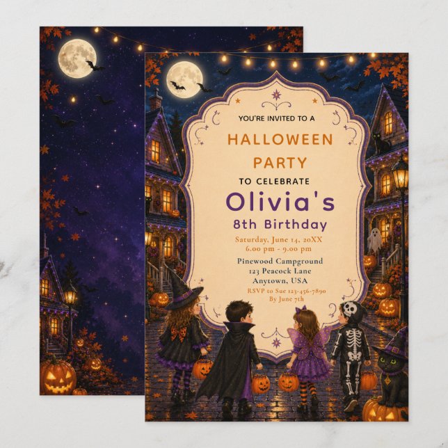 Halloween Bus eller Bjudning Födelsedag Inbjudningar (Fram/baksida)
