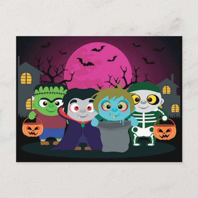Halloween bus eller godis Barn Helgdag vykort (Framsida)