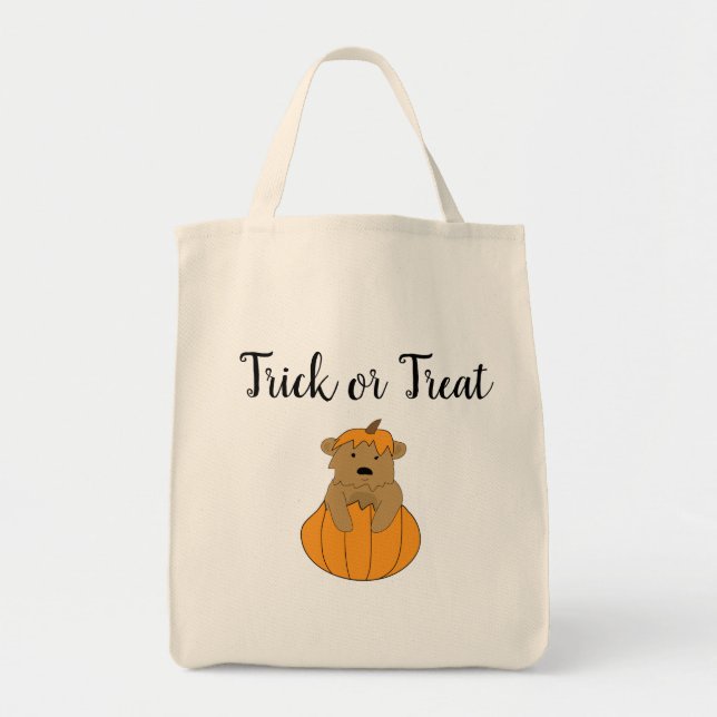 Halloween Bus eller godis Bear i Pumpkin Tote Bag Tygkasse (Framsidan)
