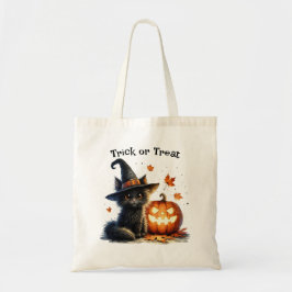 Halloween Bus eller godis Black Cat i Witch Hat Tygkasse