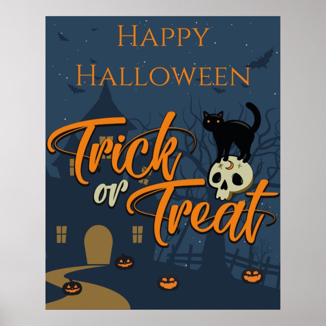 Halloween Bus eller godis Black Cat och Skull Poster (Framsidan)