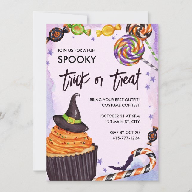 Halloween Bus eller godis Cuptårta Inbjudningar (Framsida)
