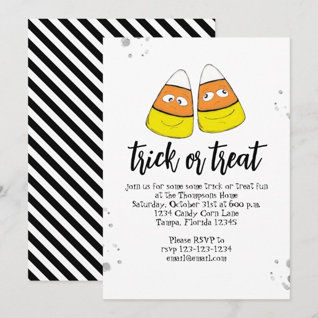 Halloween Bus eller godis Cute Candy corn Simple Inbjudningar (Fram/baksida)