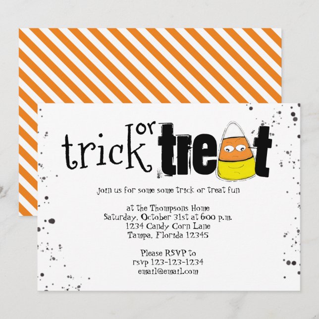 Halloween Bus eller godis Cute Candy corn Simple Inbjudningar (Fram/baksida)