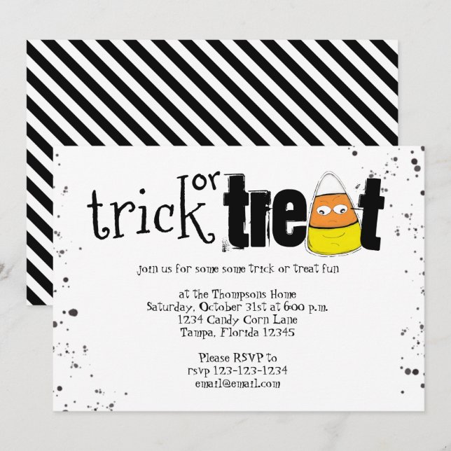 Halloween Bus eller godis Cute Candy corn Simple Inbjudningar (Fram/baksida)