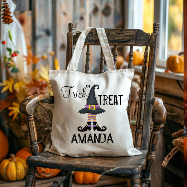 Halloween Bus eller godis Cute Witch Shoes Hat Tygkasse (Trick or treat fall custom tote bag)