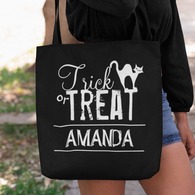 Halloween Bus eller godis-deoky Black Cat Cute Tygkasse (Halloween Black Cat Black and White Trick or Treat Tote Bag.)