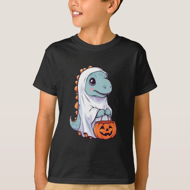 Halloween Bus eller godis Dinosaur T-rex Ghost T Shirt (Framsida)