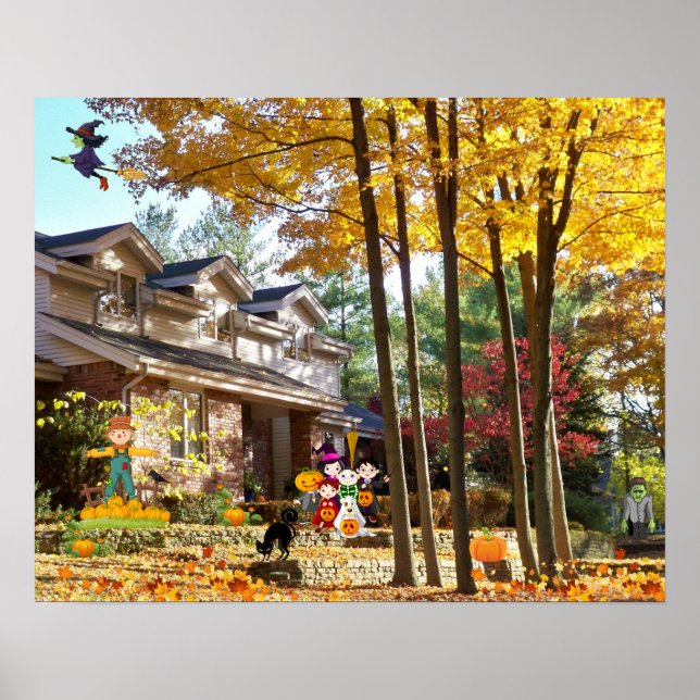 Halloween Bus eller godis Fall Pumpkins Collage Poster (Framsidan)