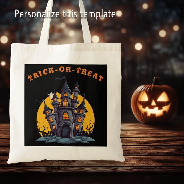 Halloween Bus eller godis Haunted House Tygkasse (Halloween Trick Or Treat Haunted House Tote Bag)