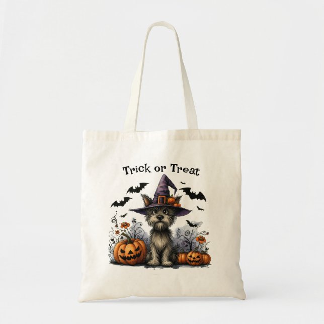 Halloween Bus eller godis Hund i Witch Hat Tygkasse (Framsidan)