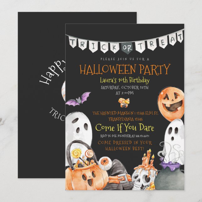Halloween Bus eller godis-inbjudan Inbjudningar (Fram/baksida)