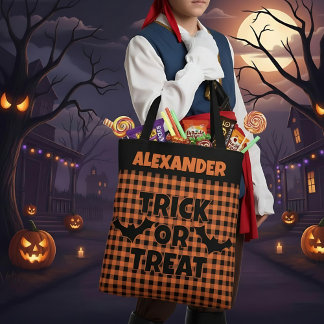 Halloween Bus eller Godis Orange & Svart Rutig Nam Tygkasse