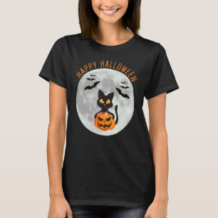 Halloween Bus eller Godis Pumpa Fullmåne Svart Kat T Shirt