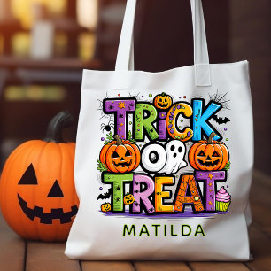 Halloween Bus eller godis Pumpkin Ghost Calligraph Tygkasse