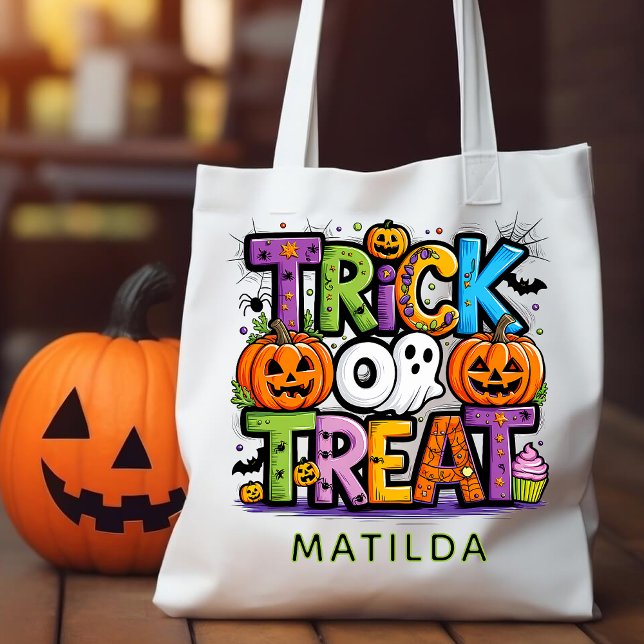 Halloween Bus eller godis Pumpkin Ghost Calligraph Tygkasse (Skapare uppladdad)