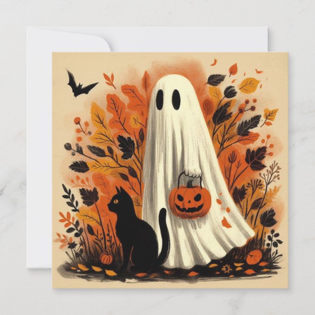 Halloween bus eller godis spöke och svart katt  kort (Framsida)