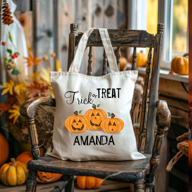Halloween Bus eller godis Whimsical Pumpkin Tygkasse (Trick or treat Halloween custom tote bag)