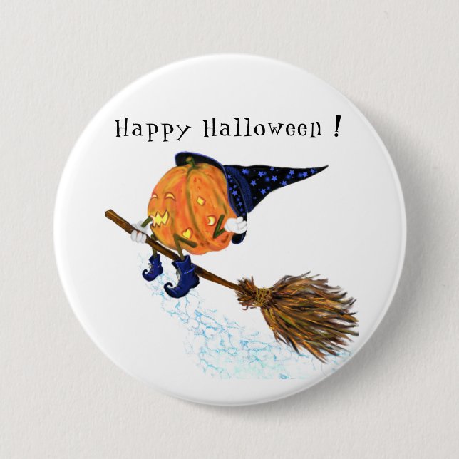 Halloween Button Witch Pumpkin Flies Broom Knapp (Framsida)