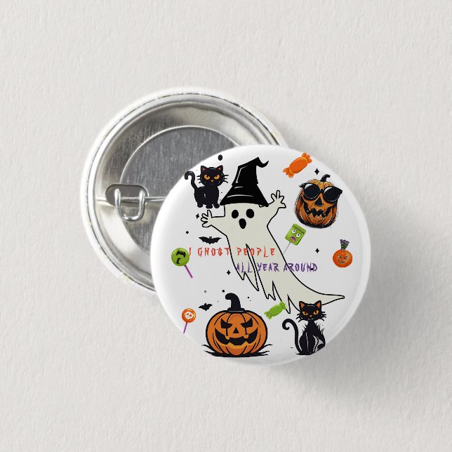 Halloween Buttons, Creepy I Ghost People Black Cat Knapp (Framsida & baksida)