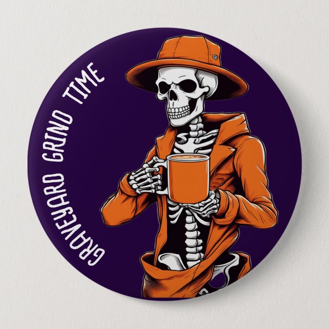 Halloween Buttons, Graveyard Grind Time Skeleton Knapp (Framsida)