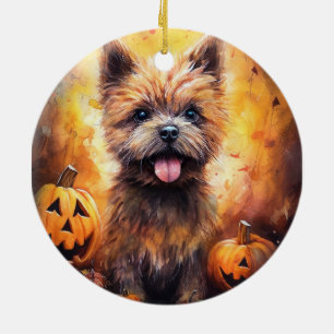 Halloween Cairn Terrier Med Pumpa Skräck Julgransprydnad Keramik