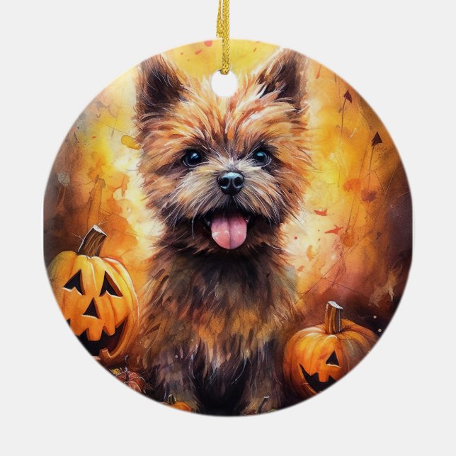 Halloween Cairn Terrier med pumpkins Scary Julgransprydnad Keramik (Baksidan)