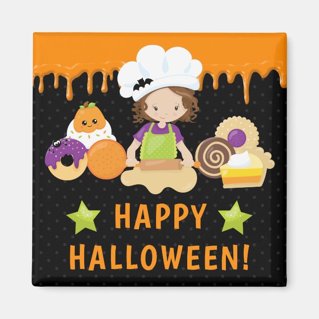 Halloween Cakes och Baking Brunette Girl Magnet (Framsidan)