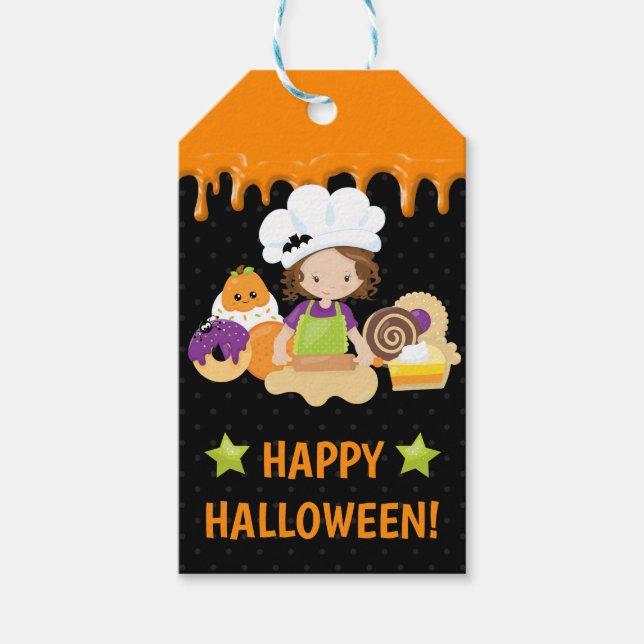 Halloween Cakes och Baking Brunette Girl Presentetikett (Framsidan)
