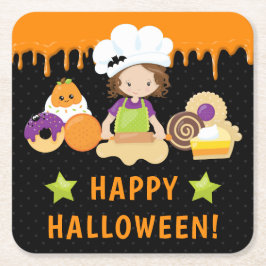 Halloween Cakes och Baking Brunette Girl Underlägg Papper Kvadrat