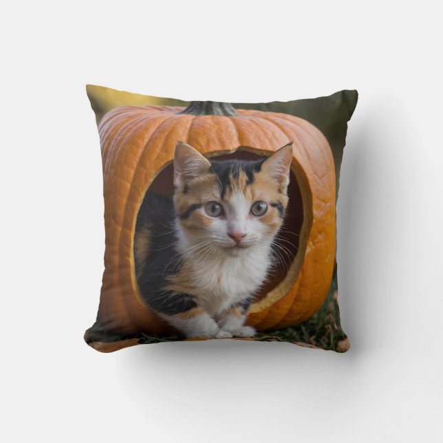 Halloween Calico Kitten Sitta i en Pumpkin Kudde (Framsida)