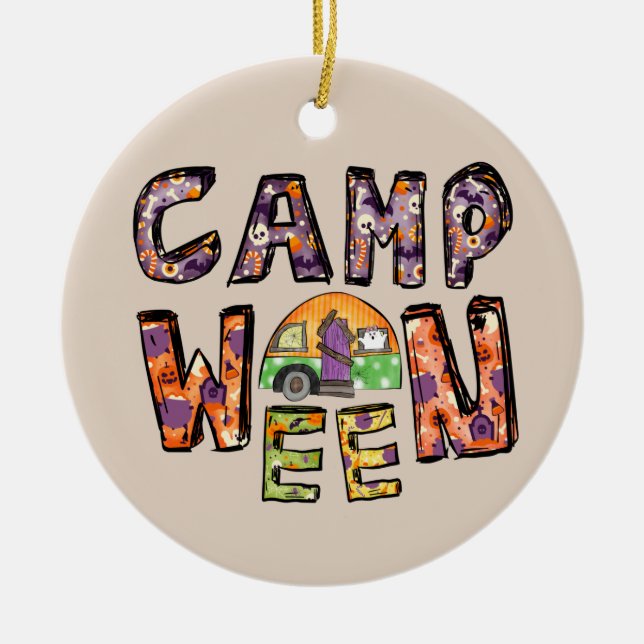 Halloween Camping | Ord Pun Julgransprydnad Keramik (Framsidan)
