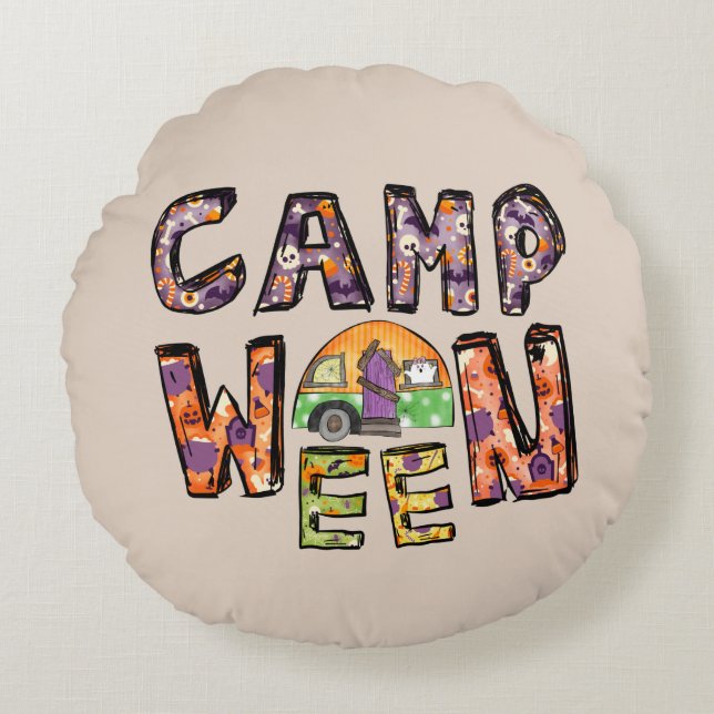 Halloween Camping | Ord Pun Rund Kudde (Framsidan)