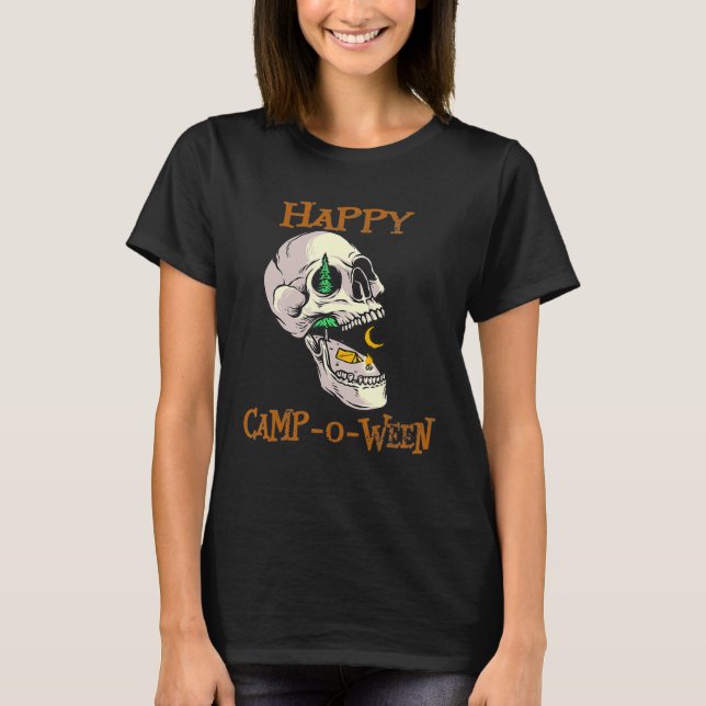 Halloween Camping Skull Camper Camp Outdoors Skele T Shirt (Framsida)