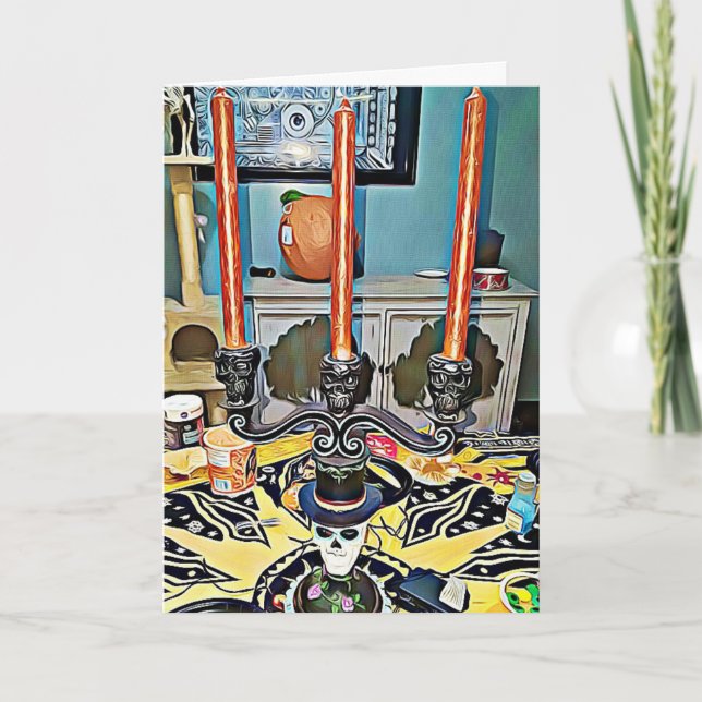 Halloween Candelabra och Skull Halloween Card Kort (Framsida)