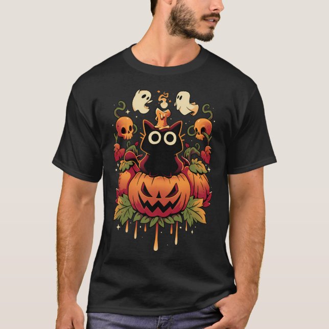 Halloween Candle Trick - Autumn Cat T Shirt (Framsida)
