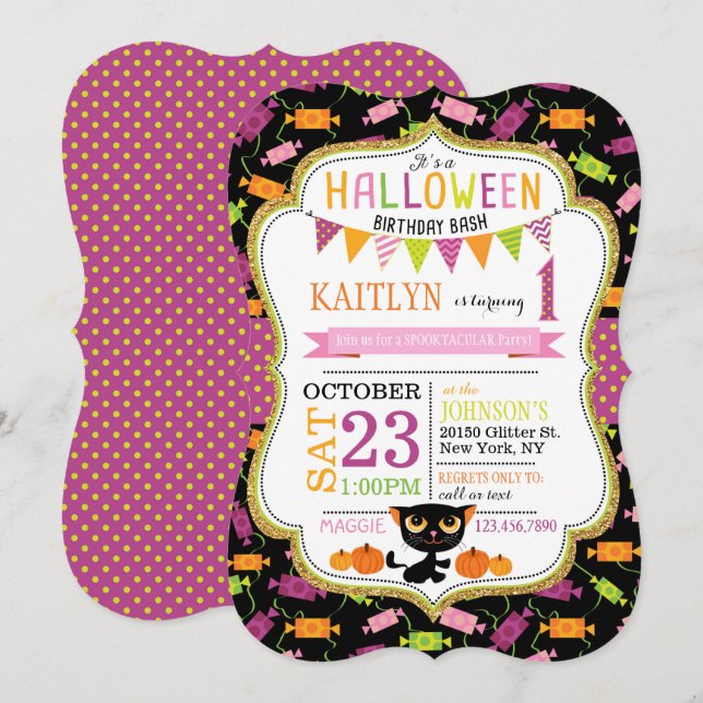 Halloween Candy Black Cat Pumpkins Birthday Inbjudningar (Fram/baksida)