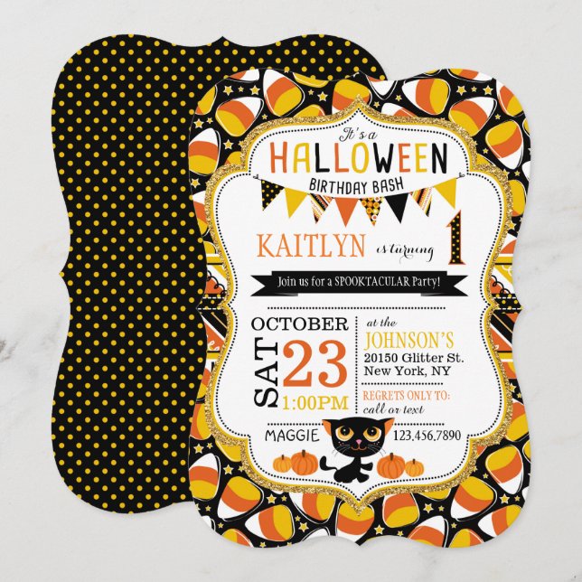 Halloween Candy corn Black Cat Pumpkins födelsedag Inbjudningar (Fram/baksida)