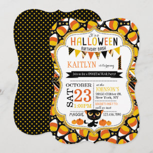 Halloween Candy corn Black Cat Pumpkins födelsedag Inbjudningar