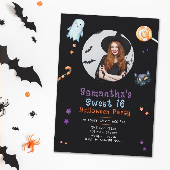 Halloween Candy Ghost Black Cat Sweet 16 Photo Inbjudningar (sweet 16 halloween photo invitation for girls ghost black cat candy purple orange cute fun witch)