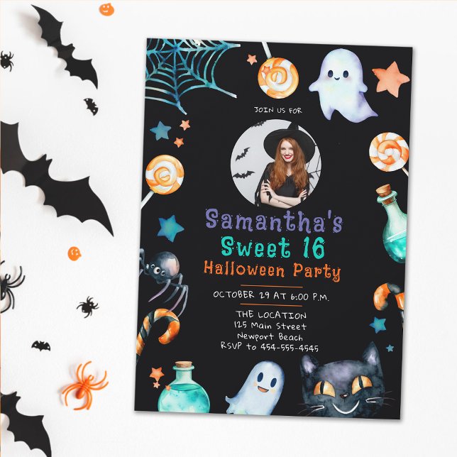 Halloween Candy Ram Ghost Black Sweet 16 Photo Inbjudningar (sweet 16 halloween photo invite for girls black orange candy ghosts fun elegant cute sweet girly )