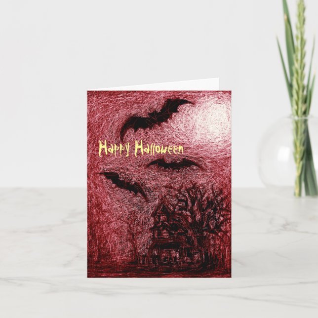 Halloween Card Haunting House Red Kort (Framsida)