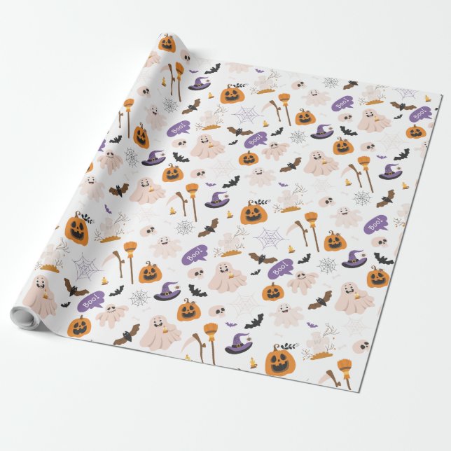 Halloween Cartoon Pattern Presentpapper (Utrullad)
