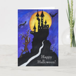 Halloween Castle Fladdermus Träd Teckning-hälsning Kort