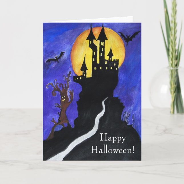 Halloween Castle Fladdermus Träd Teckning-hälsning Kort (Framsida)
