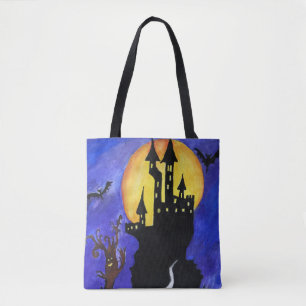 Halloween Castle Fladdermus Träd Teckning Tote Bag Tygkasse