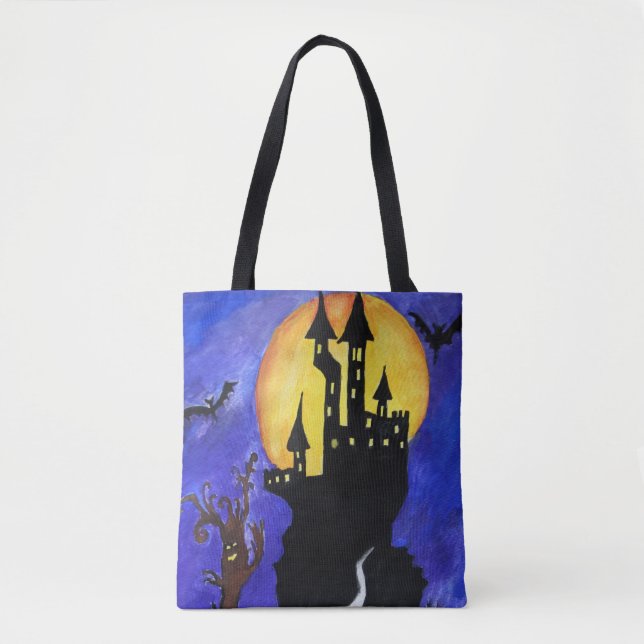 Halloween Castle Fladdermus Träd Teckning Tote Bag Tygkasse (Framsida)