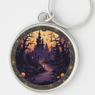 Halloween Castle med Fladdermus, Pumpkins och Spin Rund Silverfärgad Nyckelring